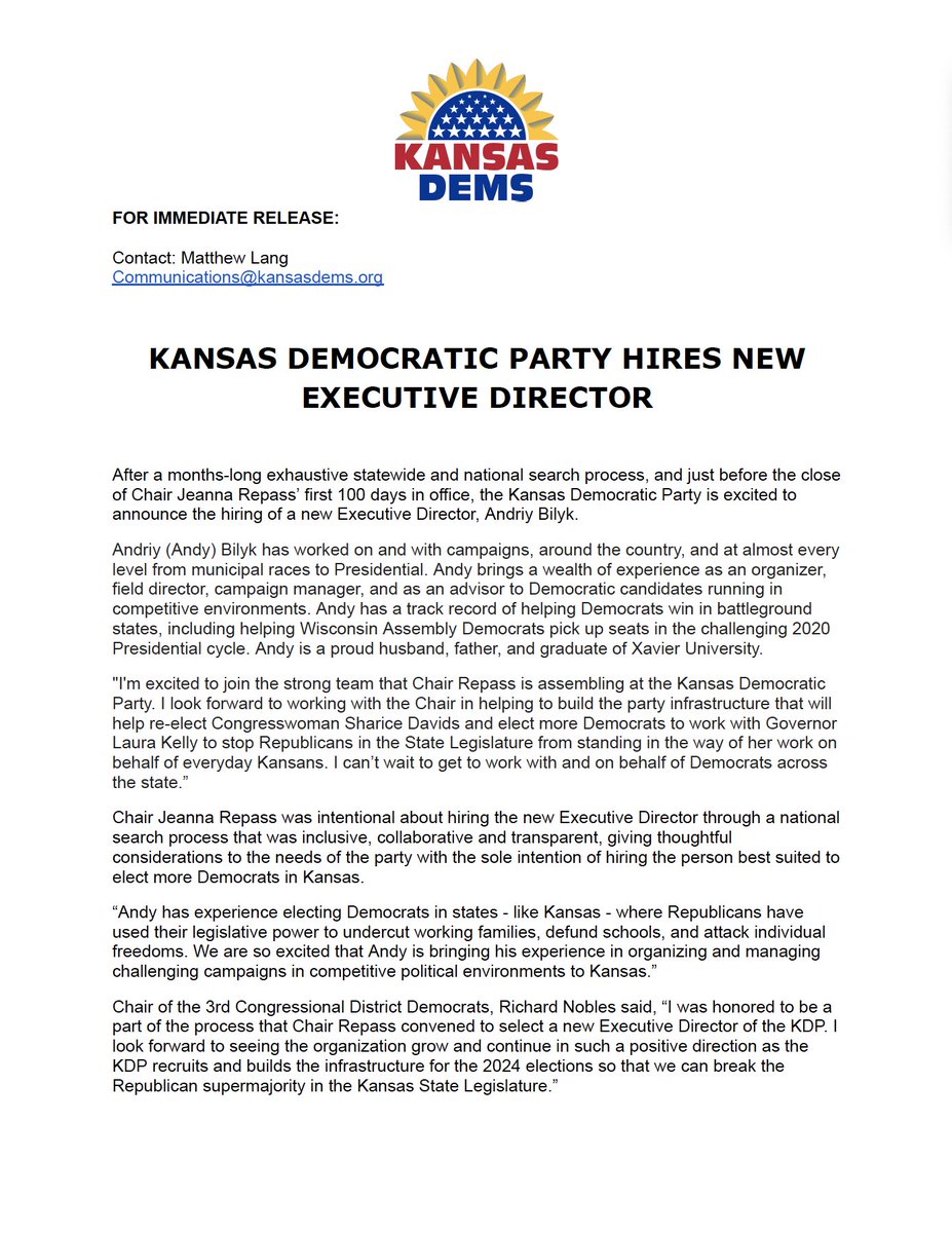 Kansas Dems on Twitter "FOR IMMEDIATE RELEASE KANSAS DEMOCRATIC PARTY