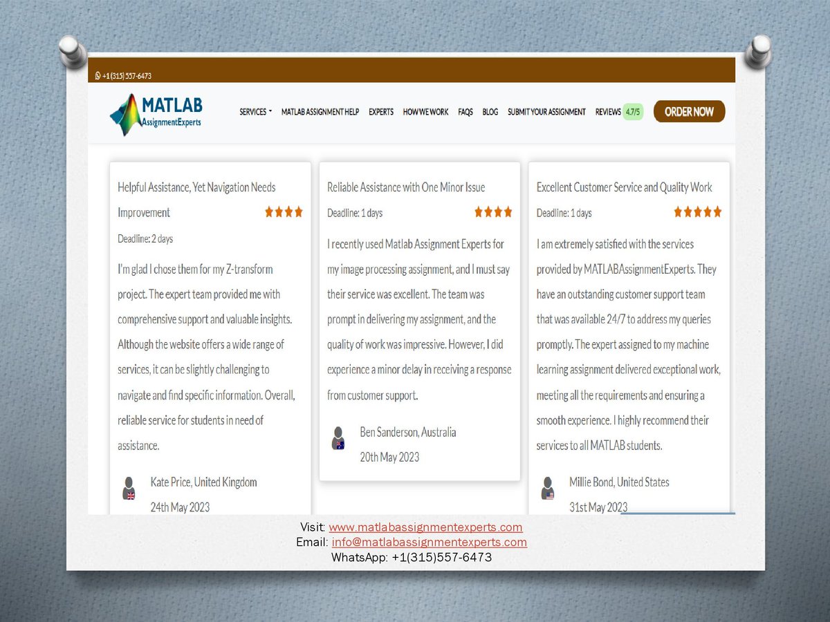 ExpertsMatlab's tweet image. Read genuine and verified reviews from our valued clients! We take immense pride in delivering exceptional MATLAB assignment solutions to students worldwide.
Read More Reviews at bit.ly/43qyznq
Or You may Visit us at matlabassignmentexperts.com
#MatlabReviews #MAtlabHelp
