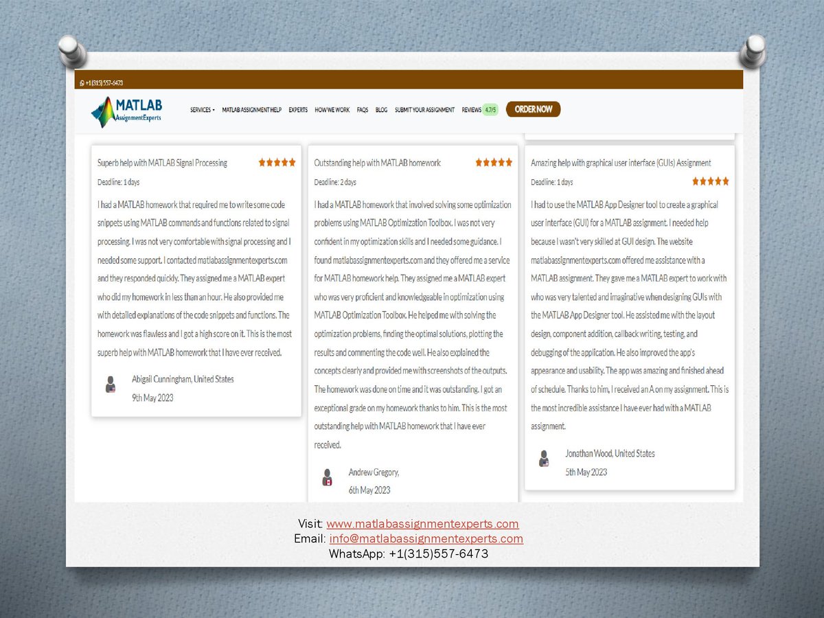 ExpertsMatlab's tweet image. Read genuine and verified reviews from our valued clients! We take immense pride in delivering exceptional MATLAB assignment solutions to students worldwide.
Read More Reviews at bit.ly/43qyznq
Or You may Visit us at matlabassignmentexperts.com
#MatlabReviews #MAtlabHelp
