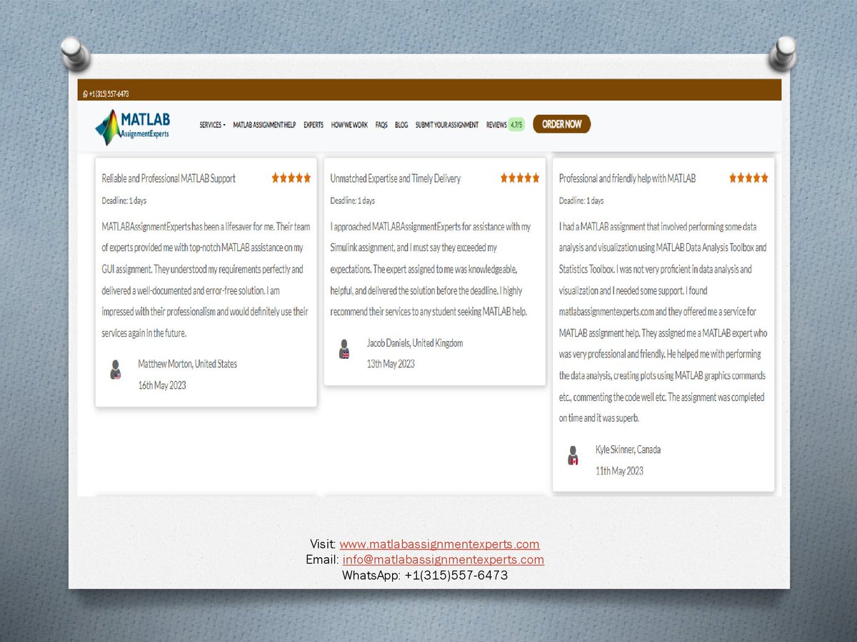 ExpertsMatlab's tweet image. Read genuine and verified reviews from our valued clients! We take immense pride in delivering exceptional MATLAB assignment solutions to students worldwide.
Read More Reviews at bit.ly/43qyznq
Or You may Visit us at matlabassignmentexperts.com
#MatlabReviews #MAtlabHelp