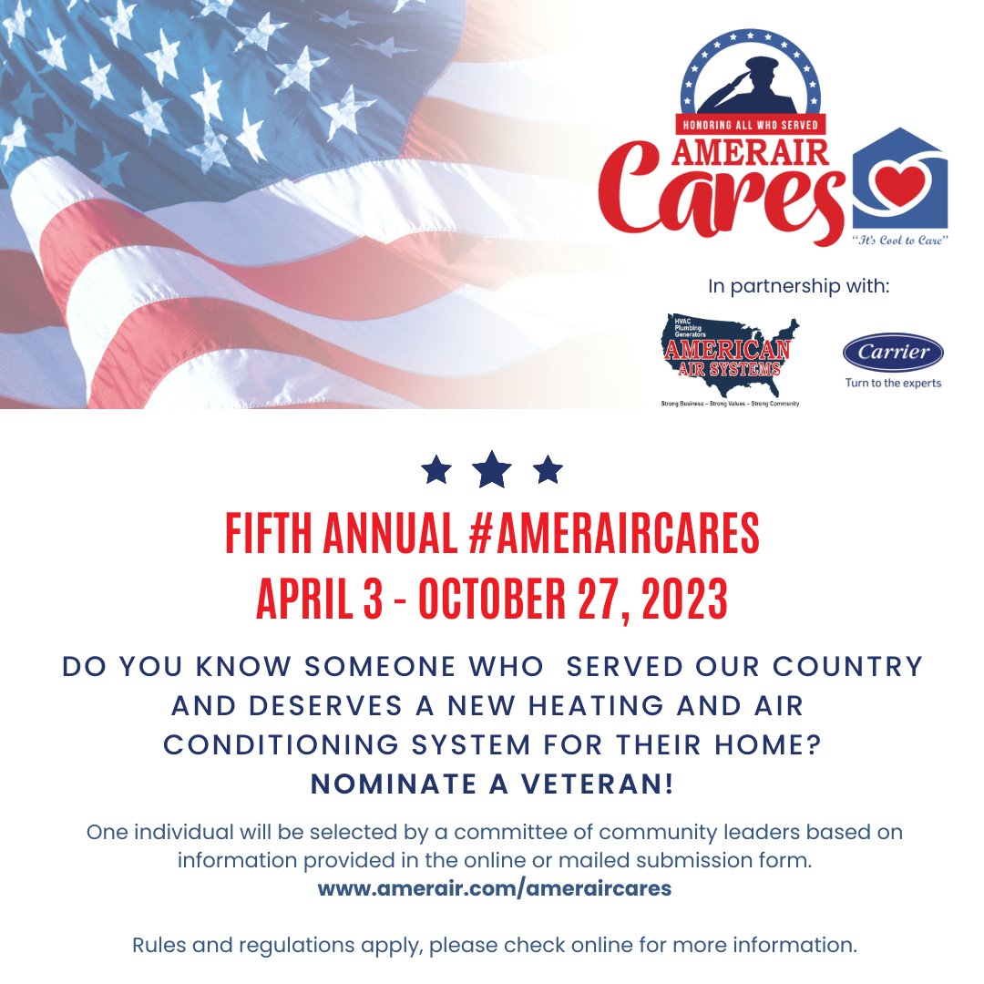 Our 2023 #AmerAirCares campaign is currently underway! Individuals can nominate someone they know who is deserving of a new system. For this year's campaign, we are honoring veterans! Nominate a veteran online at: amerair.com/ameraircares

#AmericanAirSystems #TexasVeterans