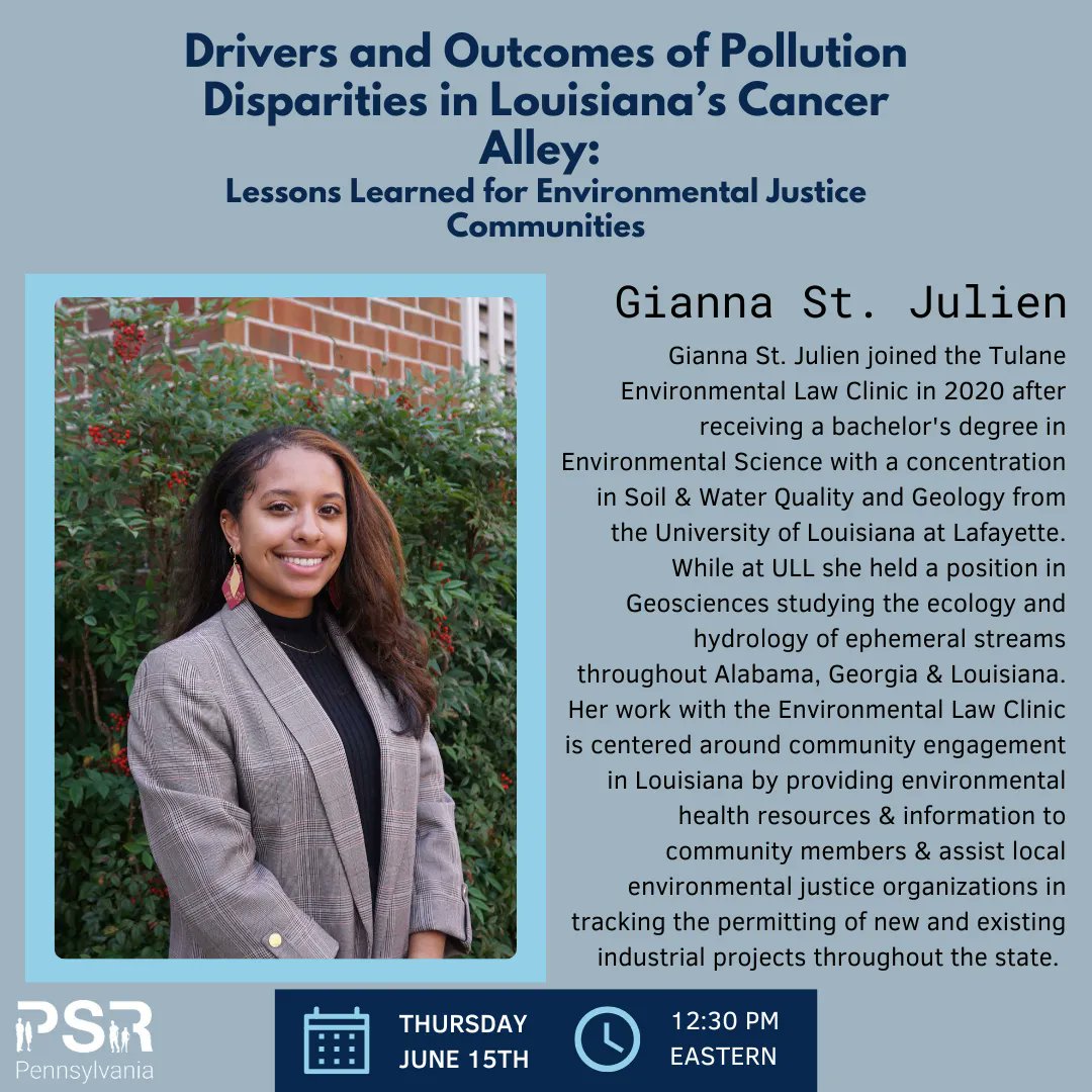 Join us for a discussion on communities of Color in #Louisiana that have long maintained that they are overburdened with industrial #pollution, particularly in the region known as #CancerAlley with Kimberly Terrell & Gianna St. Julien 
Learn more at buff.ly/3oNKc8z
#PSRPA