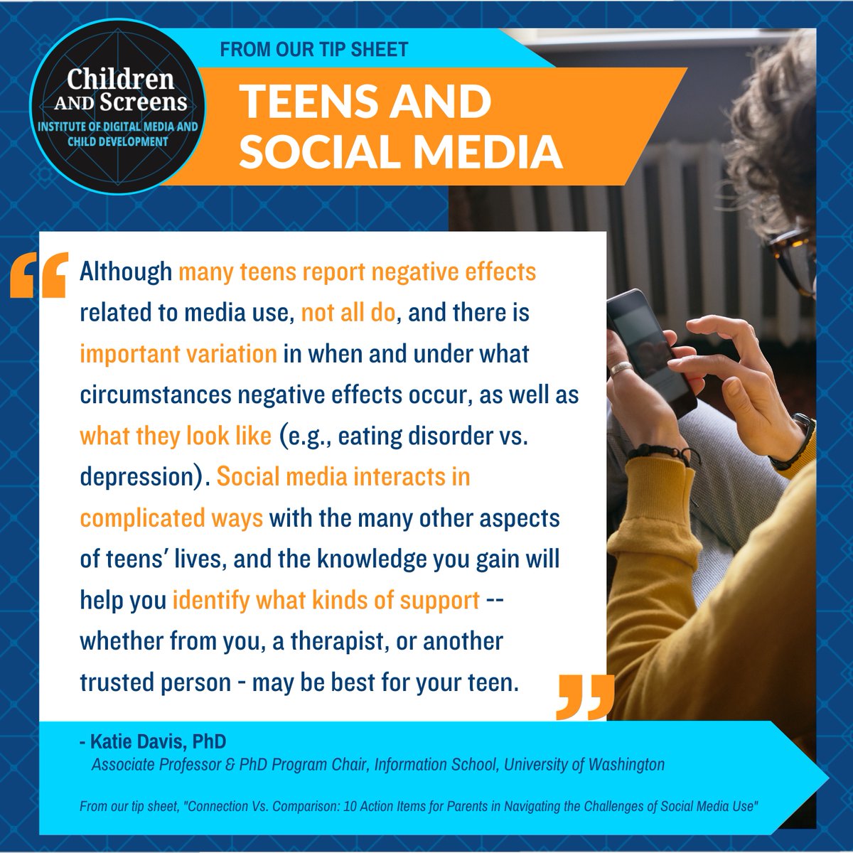 Expert <a href="/katiebda/">Dr. Katie Davis</a> and others shared 10 action items to help teen girls safely navigate social media channels in our "Connection vs Comparison"  tip sheet. Read: bit.ly/3IrWycM  #SocialMedia #teens #SocialMediaSafety