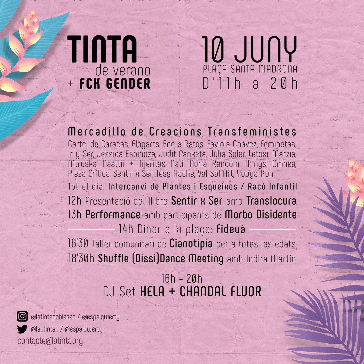 Dissabte 10 de juny celebrem la segona edició de la #TintaDeVerano a la plaça Santa Madrona, aquest cop amb les companyes de #FckGender, projecte de vermuts trans itinerants nascut a <a href="/espaiQWERTY/">QWERTY</a>.

Més info a instagram: 
instagram.com/p/Cs4VbUdKB0H/…