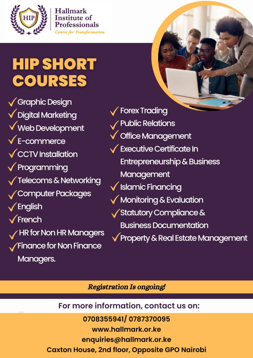 Enroll now and take your skills to another level!💥

#education
#nairobi
#kenya
#learning
#students
#College
#mpesa
#university
#onlineclasses
