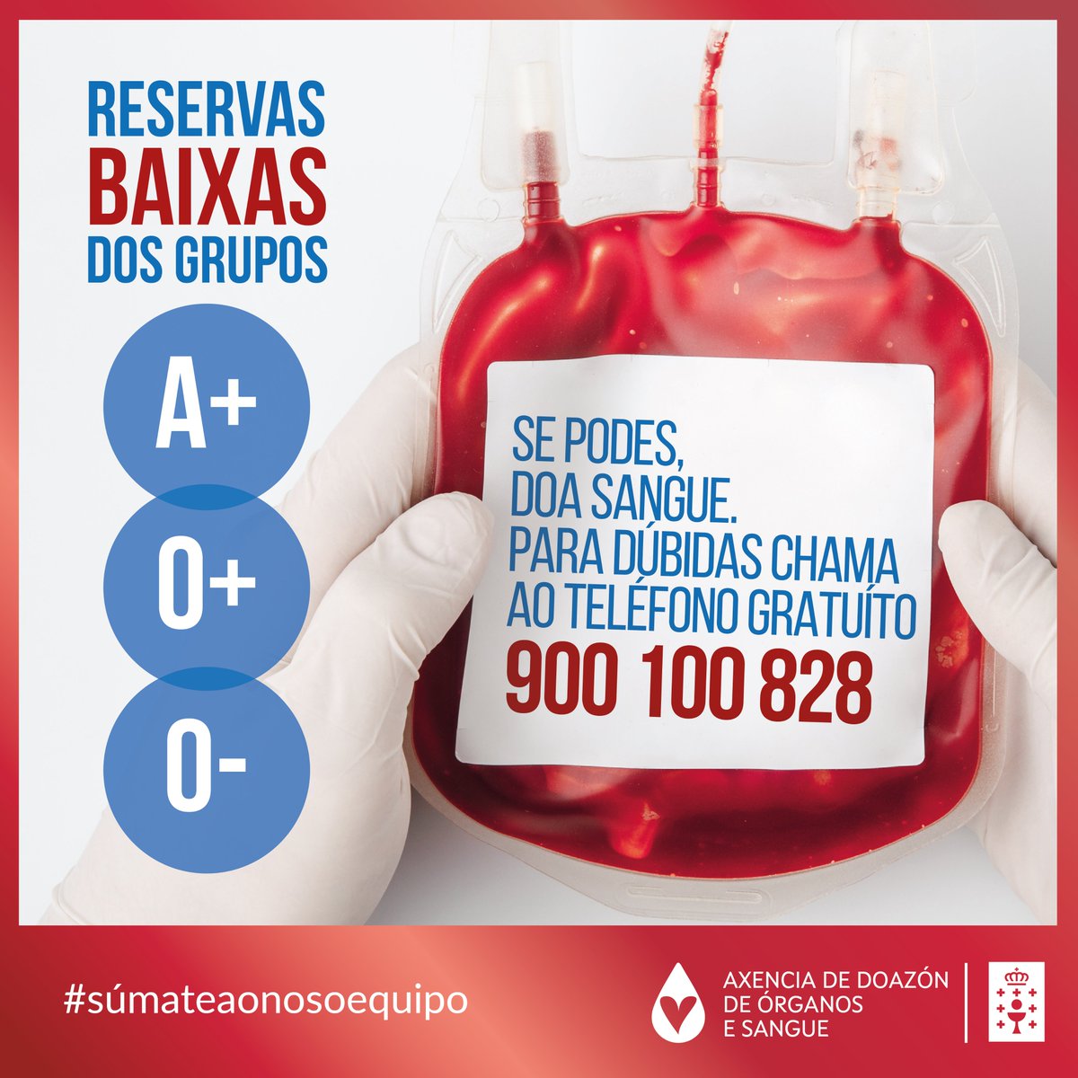 🚨As reservas de sangue dos grupos A+, 0+ e 0- están en niveis baixos, precisamos a túa axuda, pódelo facer doando en calquera das nosas unidades móbiles e locais de doazón.

📞 Dúbidas 900 100 828
#ÚnenosOSangue #súmateaonosoequipo