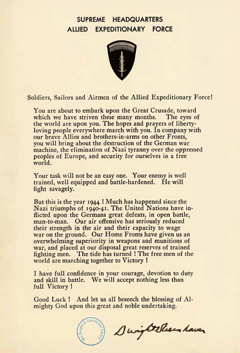 Listen in his own words as Gen. Dwight D. Eisenhower reads his message to the Allied troops for #OperationOverlord: dod.defense.gov/News/Special-R… #DDay #nothinglessthanfullvictory
