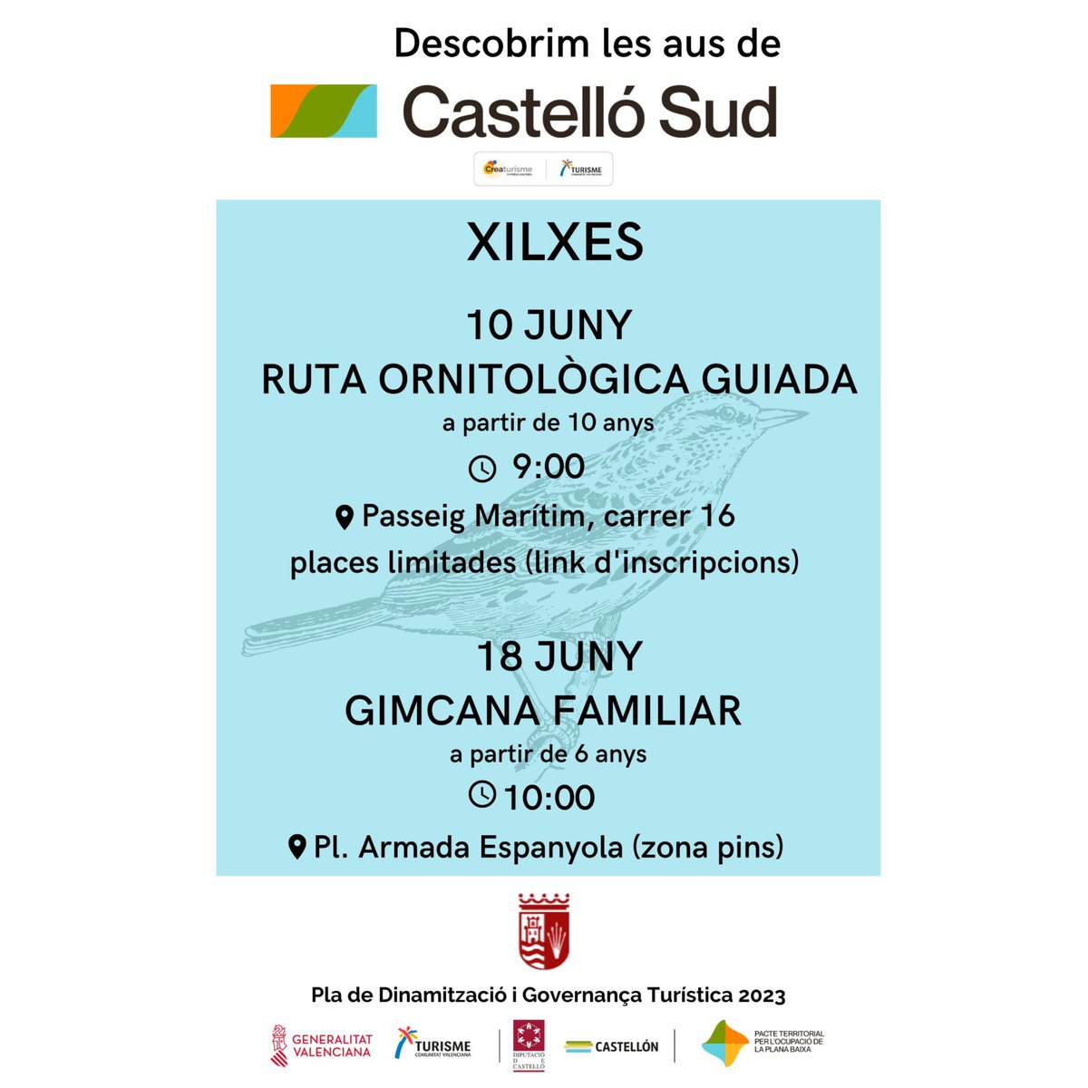 ajuntaeslida's tweet photo. El 10 de juny 📅 tindrà lloc una ruta ornitològica guiada de 4 quilòmetres que recorrerà la platja i la Marjal de Xilxes per a descobrir amb material d'observació diferents espècies d'ocells. 

Apunta't gratis en el següent enllaç 👇
https://t.co/aa7mMPVVWR https://t.co/GKxnp8Fs0A