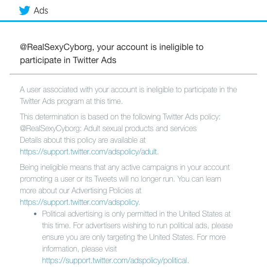 Ah yes, definitely a platform with consistent, fairly applied principles and a coherent advertising policy