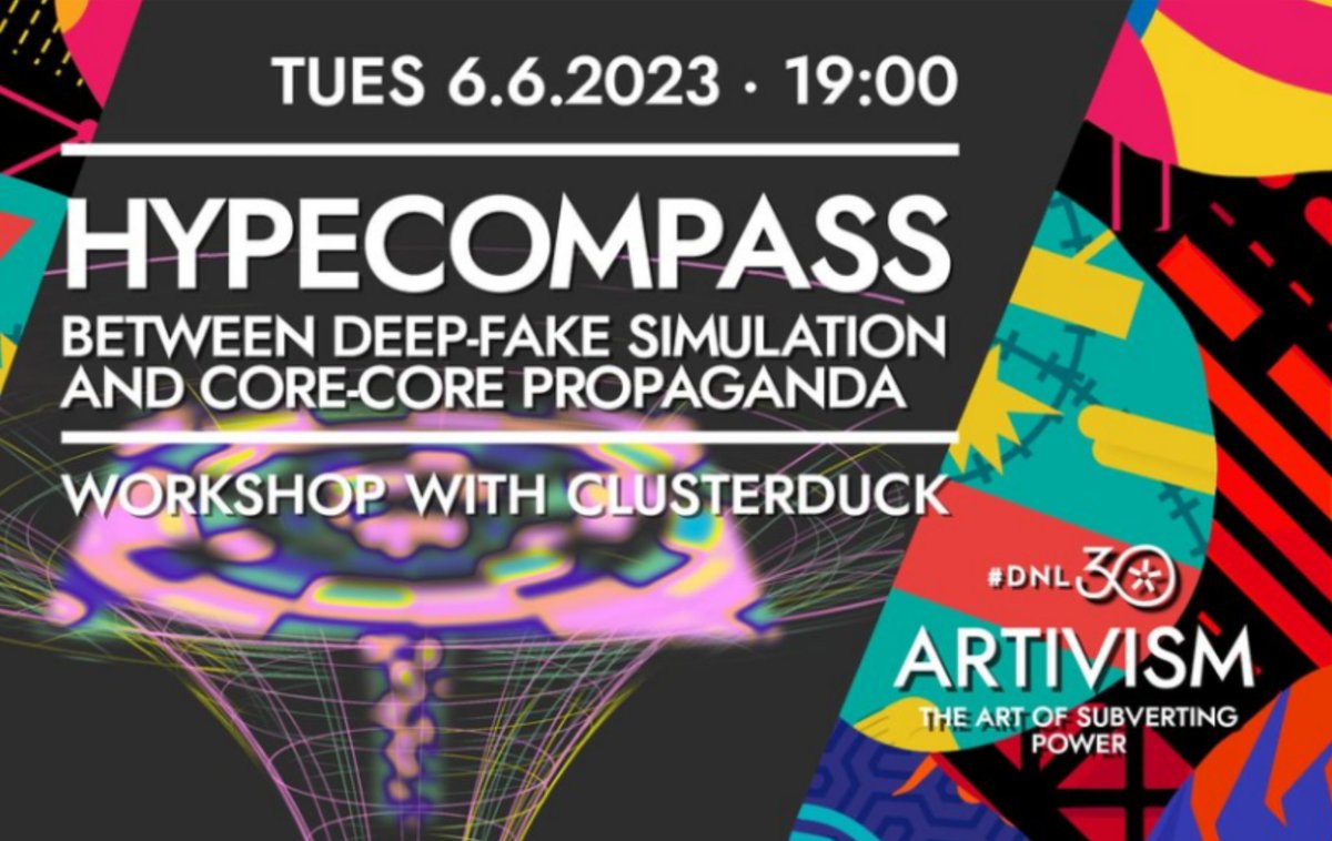 Tonight Clusterduck memetic art workshop HYPECOMPASS will kick off at 7 pm at ACUD in Berlin, as warm up of the Disruption Network Lab conference ARTIVISM. A few spots still available, if you like to join us! Info &amp; tickets here --> disruptionlab.org/event/hypecomp…