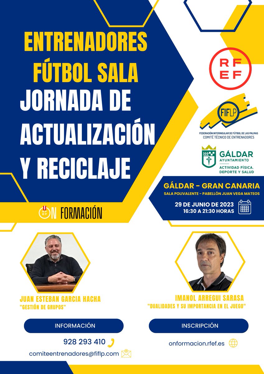 FFLasPalmas's tweet photo. 👨‍🏫 | Jornadas de reevaluación para la obtención del Certificado de Actualización de la RFEF – UEFA para entrenadores de Fútbol Sala

📌@EntrenadorRFEF @AytoGaldar 

ℹ️⬇️
https://t.co/P5xtNMy0Ir https://t.co/tMKB3uWHrE