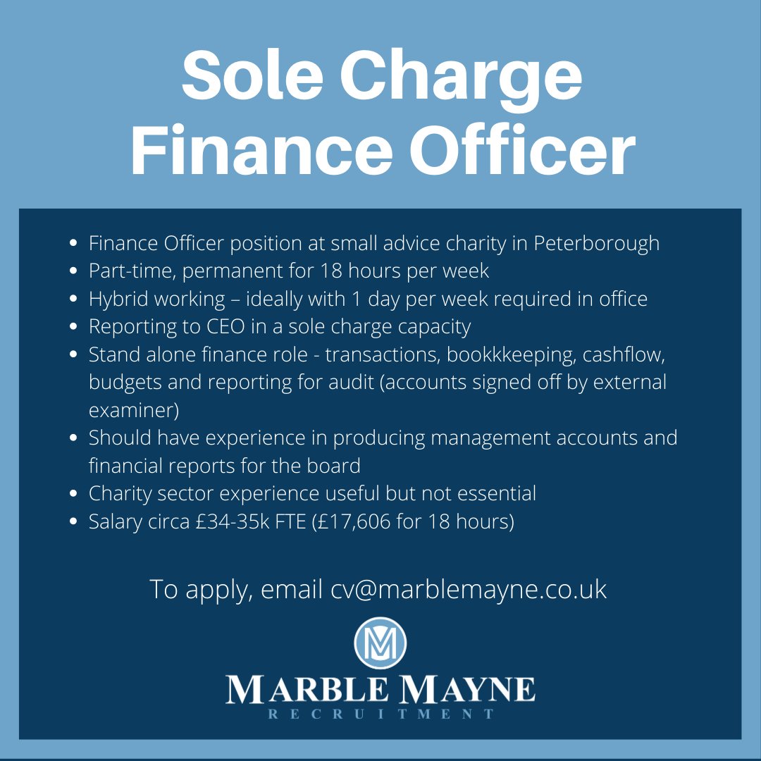 New role! We are looking for an experienced Finance Officer/Manager for a great part-time role at a charity in Peterborough. Closing date: Ongoing/ASAP.

cv@marblemayne.co.uk

#charityjobs #charityfinance #peterboroughjobs