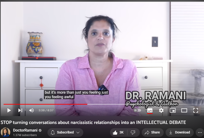 STOP turning conversations about narcissistic relationships into an INTELLECTUAL DEBATE
https://www.youtube.com/watch?v=dUUho752E4g