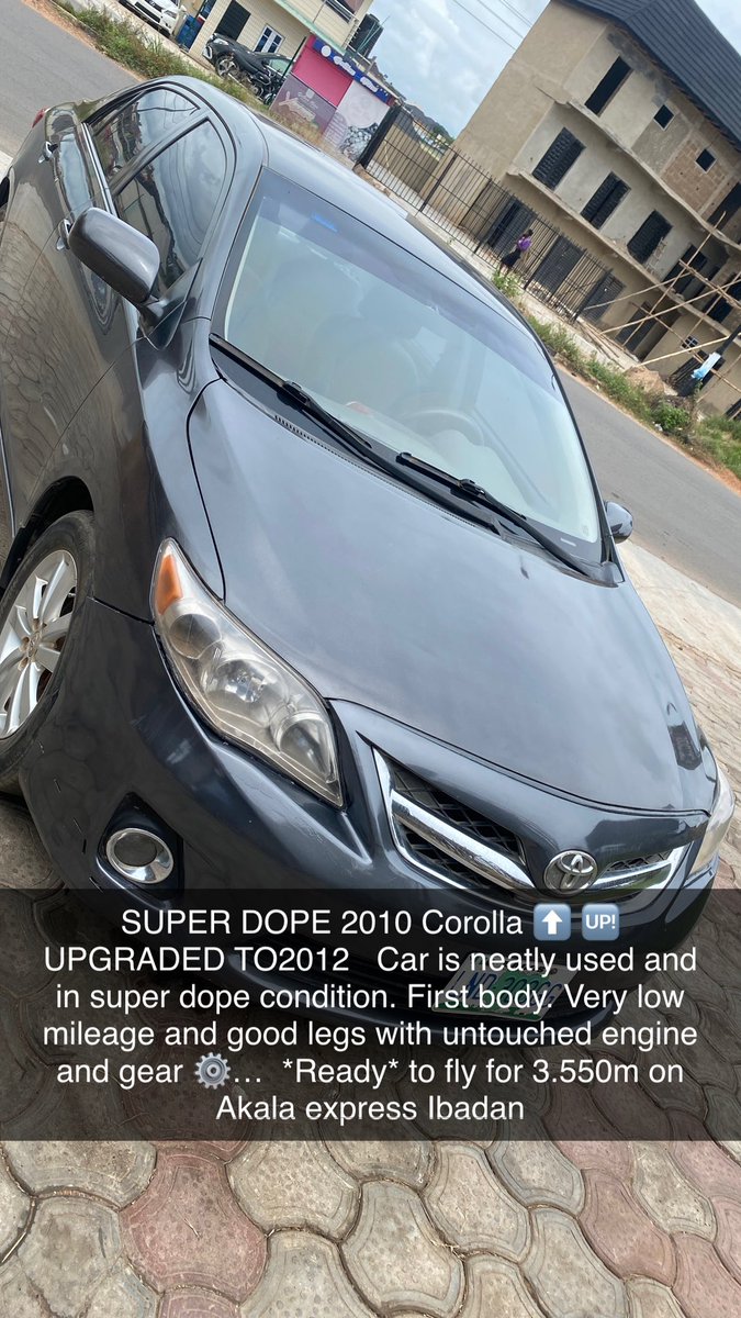 oladapofatoye's tweet photo. SUPER DOPE 2010 Corolla ⬆️ 🆙 UPGRADED TO2012   Car is neatly used and in super dope condition. First body. Very low mileage and good legs with untouched engine and gear ⚙️…  *Ready* to fly for 3.550m on Akala express Ibadan https://t.co/6H2shsQSxG