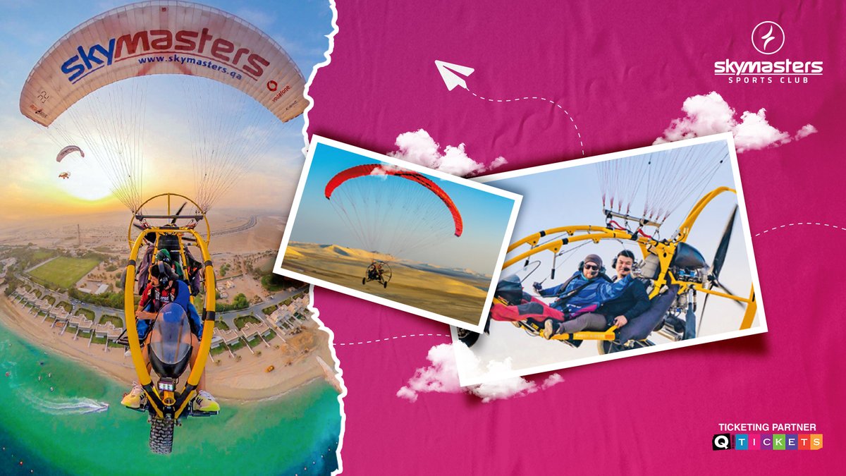 QticketsLIVE's tweet image. Live the dream and fly like a bird! Ride safely in the backseat of our Xitor Paratrikeunder the guidance of a certified instructor.

Bookings &amp;amp; Details at q-tickets.com

#SkyMasters #SealineBeach #ParatrikingQatar #ParatrikeQatar #Paratrike #ParaglidingQatar #QTickets
