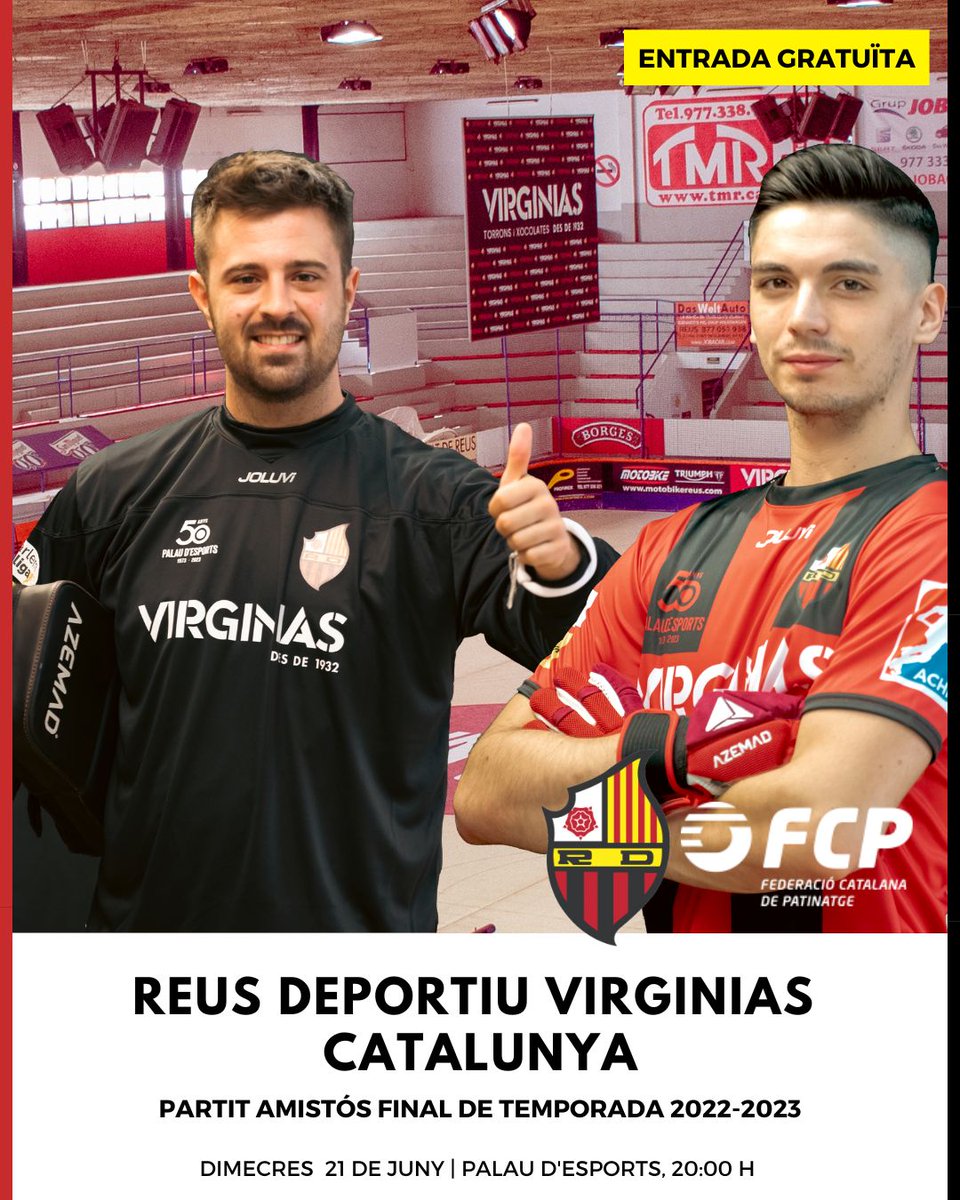ReusDeportiu's tweet photo. 🏑 El Reus Deportiu @Es_Virginias tancarà la temporada amb un amistós davant la selecció catalana ( @FCPatinatge )
🙌🏼Partit a porta oberta i gratuït per acomiadar @martizapater10 i #CheccoCompagno
🏟️Us esperem al Palau d'Esports el dimecres 21 de juny!
#ForçaReus https://t.co/r50zelCJKC