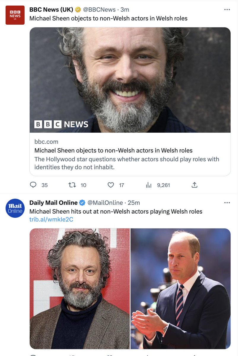 TheNewWorldmag's tweet photo. Here's the BBC deploying the same second-hand lazy clickbaity headline as the Mail, to drive traffic to a story about Michael Sheen in which he neither objects nor hits out at non-Welsh actors playing Welsh roles. A lot of digital journalism is made shit by the urge for clicks. https://t.co/tVA51ojRpt