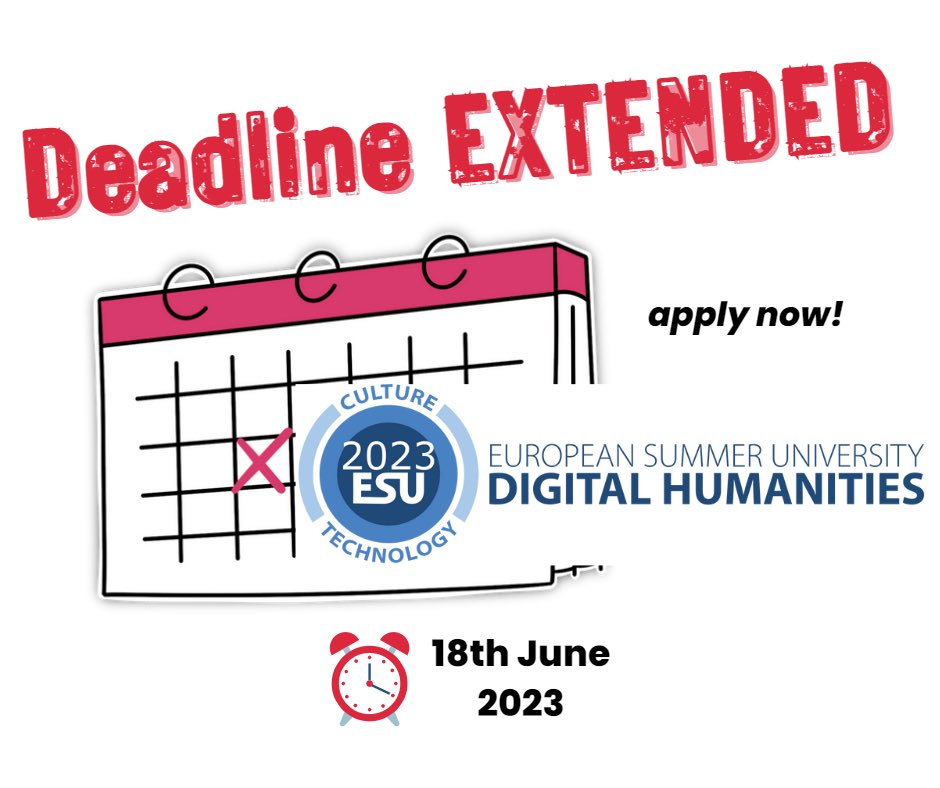 ‼️ Extended deadline‼️ Find your workshop until June 18th and apply for the European Summer University in Digital Humanities digihubb.centre.ubbcluj.ro/application/ #esudh2023 #digitalhumanities