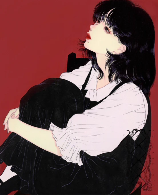 【告知】 あくる様が立ち上げた新ブランドの記念すべき第一段階のグッズイラスト手がけさせていただきました…  暗めの赤黒でパキっと仕上げたシンプルで上質な感じの色味になってます。  Tシャツなど複数使っていただいていますので良ければ見てみてください!