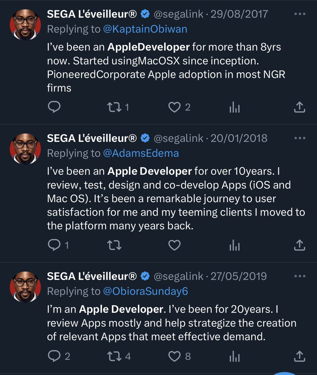 2017: over 8 years an Apple developer.

2018: over 10 years an Apple developer.

2019: 20 years an Apple developer.

🤔
