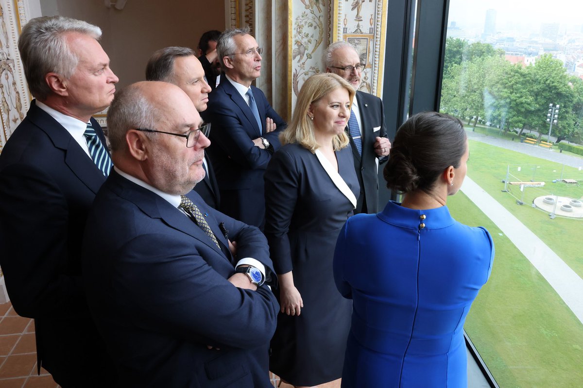 ZuzanaCaputova's tweet photo. Glad to host the #BucharestNine in #Bratislava with @KlausIohannis & @AndrzejDuda. Approaching the #Vilnius Summit, we’re united & determined to further strengthen @NATO's collective defence. A reinforced Eastern Flank enhances the whole Alliance’s security. #StrongerTogether https://t.co/OYk7Bdp6cy