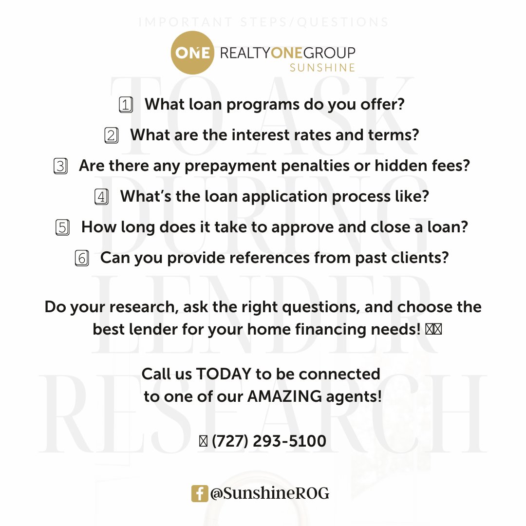 🔍💼 Ready to find the perfect lender? Ask these key questions! 🤔💡 

#RealtyONEGroupSunshine #DowntownStPete #QuickHomeSale #MaximizeYourPotential #SellWithSuccess #Buy #Sell #RealEstate ​#Pinellas #Pasco #Manatee #Hillsborough #Hernando #FloridaLiving #Florida #Invest