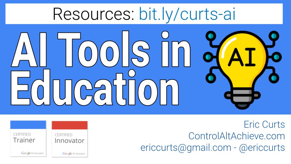Excited to be presenting on "AI in Education" for the Ohio Middle Level Association in Columbus this morning! All the resource I am sharing can be found at: bit.ly/curts-ai

#ControlAltAchieve #edtech #AI #GoogleBard #ChatGPT