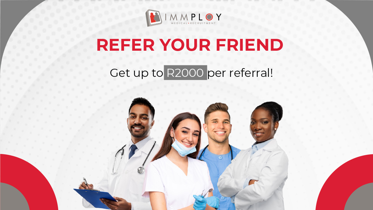 Immploy's tweet image. Exciting news! Refer a medical professional and earn up to R2000 for each successful referral. Start earning and making a difference today by clicking here: zurl.co/SK2K #Immploy #ReferAFriend #Healthcare