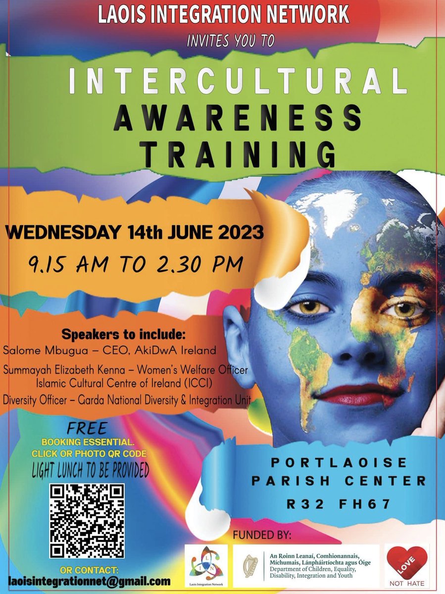 LaoisNetwork's tweet photo. Save the date. Wednesday 14 June 9.15am-2.30pm

Laois Integration network are hosting an Intercultural Awareness Training session at Portlaoise Parish Centre. Event is FREE &amp; lunch is provided.  Registration essential - see poster on how to register. Everyone welcome!! https://t.co/b6nhIKOlZM