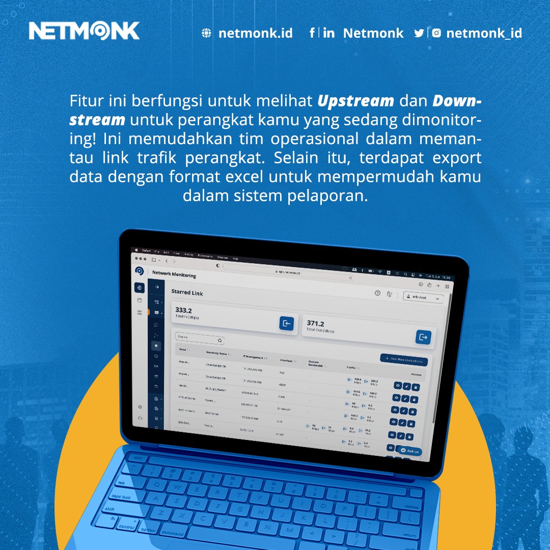 netmonk_id's tweet image. Sobat Netmonk! Dengan fitur Upstream dan Downstream di Netmonk Prime, kamu bisa memantau link trafik perangkat kamu secara lebih efektif. 
Gunakan sekarang! netmonk.id
#NetmonkPrime #MonitoringJaringan #Efektif #PemantauanJaringan #MonitoringJaringan