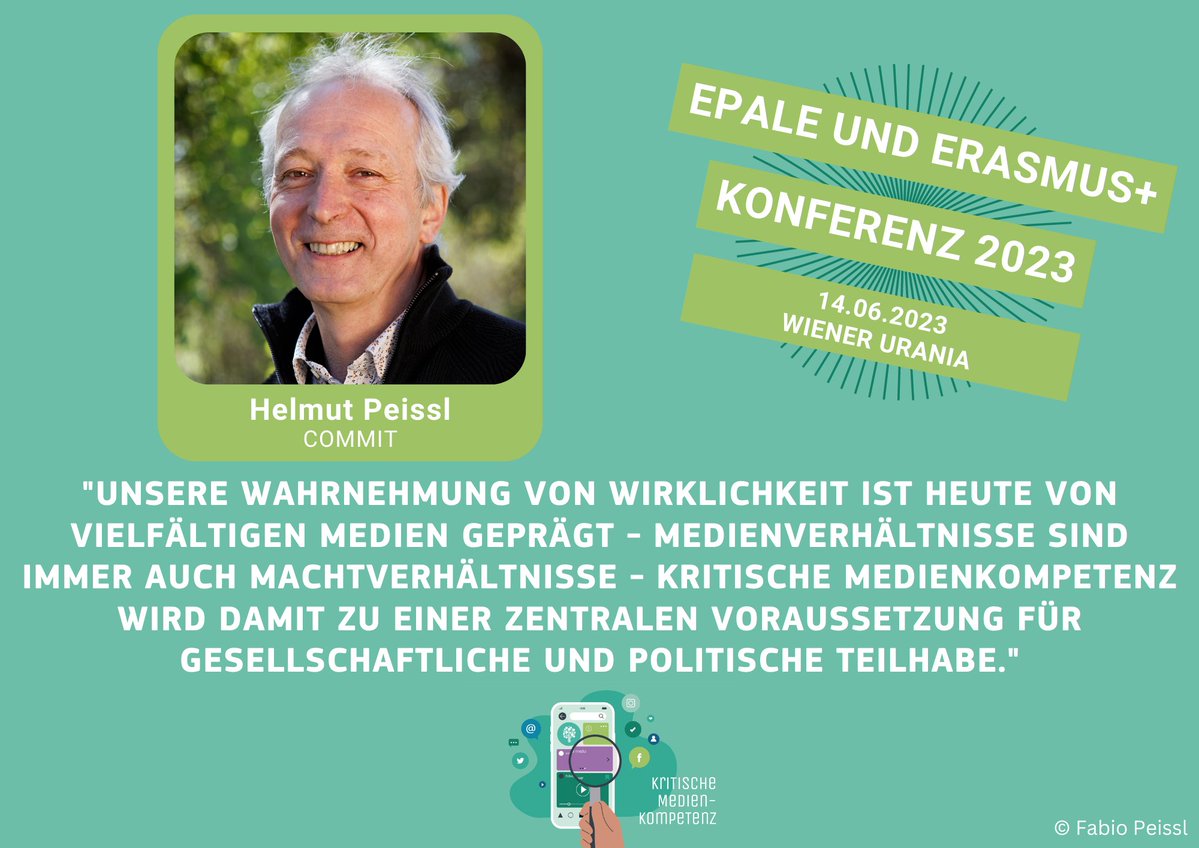 📣#EPALE und Erasmus+ Konferenz

📅14. Juni 2023 ⏰9:30📍Wiener Urania

Mag. Helmut Peissl ist Kommunikationswissenschaftler und Medienpädagoge. Er wird auf der Konferenz über kritische Medienkompetenz - von Konzepten zur Praxis sprechen.

Zur Anmeldung: epale.ec.europa.eu/de/content/epa…