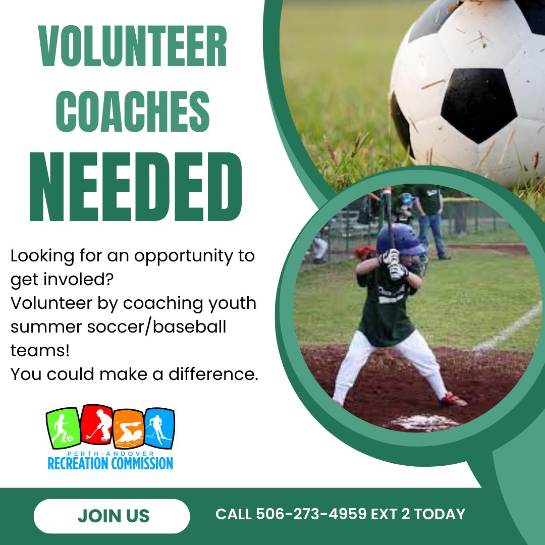Summer Youth Baseball and Soccer Coaches wanted!
If you're ready to inspire young athletes, create lifelong memories, and be part of a fantastic community sports program, we want to hear from you!⚽️⚾️ Call us at the RVCC, 506-273-4959