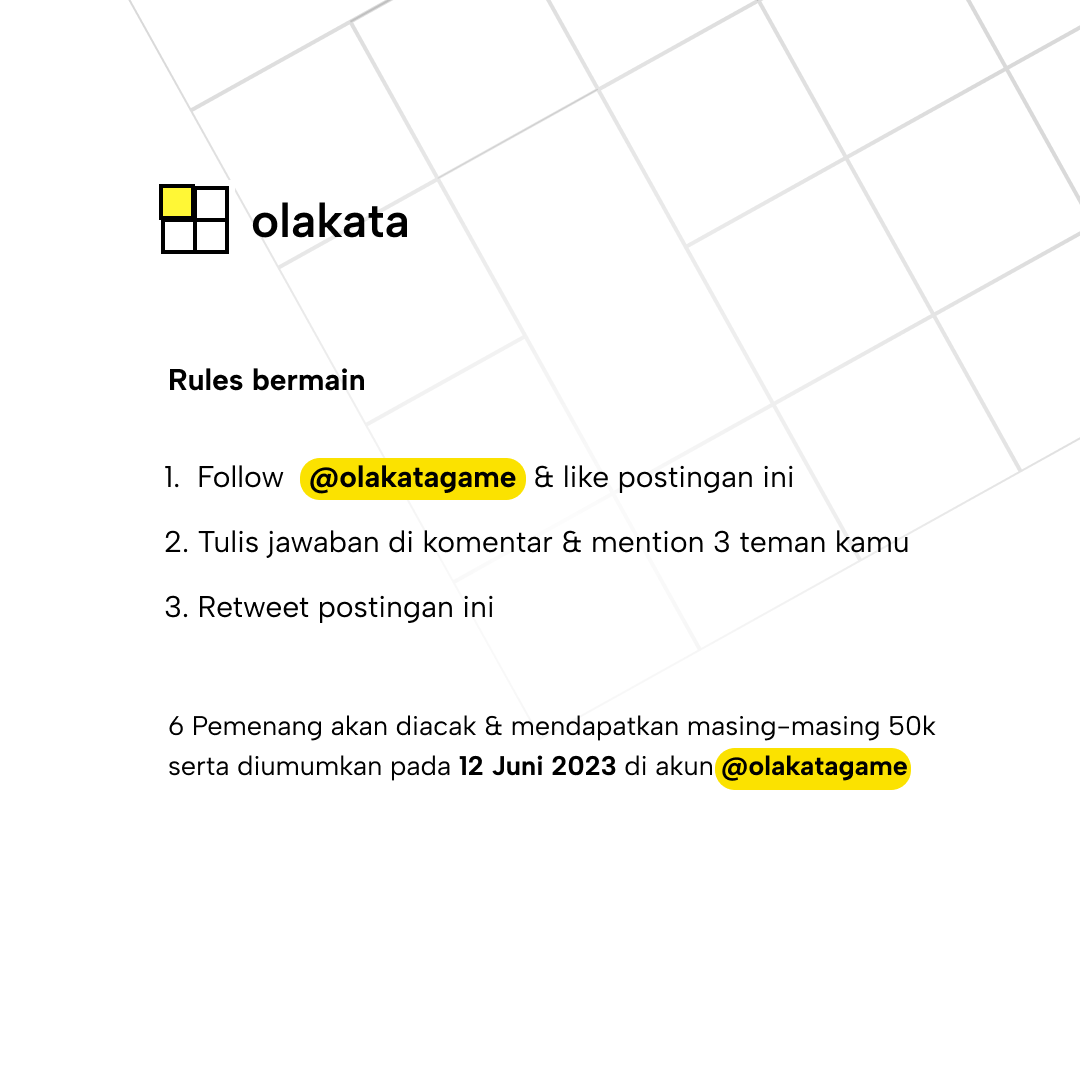 OlakataGame's tweet photo. Ayo ikutan Mini TTS Challenge  &amp; dapatkan 300k utk 6 pemenang  🥳

📌 Ketentuan:
1. Ikuti rules bermain di gambar 2
2. Tidak boleh spam comment

Tunggu apalagi? Isi TTS-nya, dapetin hadiahnya 🙌

#Olakata #TTSBerhadiah #InfoKuis #Kuis #InfoGiveaway #GiveawayIndonesia https://t.co/5Uu7Mb0BJF