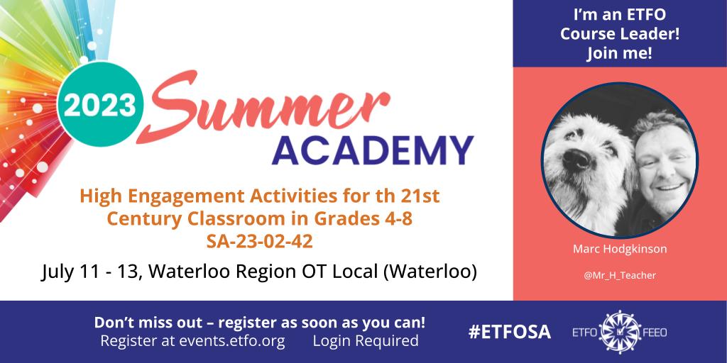 Looking forward to meeting <a href="/wrdsb/">Waterloo Region DSB</a> <a href="/ETFOWaterloo/">ETFO Waterloo</a> educators this July.

High Engagement Activities
Genius Hour
Evaluation &amp; Report Cards
Coding Made Easy

I'm at the Occasional Teachers Office July 11 -13

 Here is the link bit.ly/45CAvL3 

#ETFOSA2023 #ETFOSA #ETFOSA23