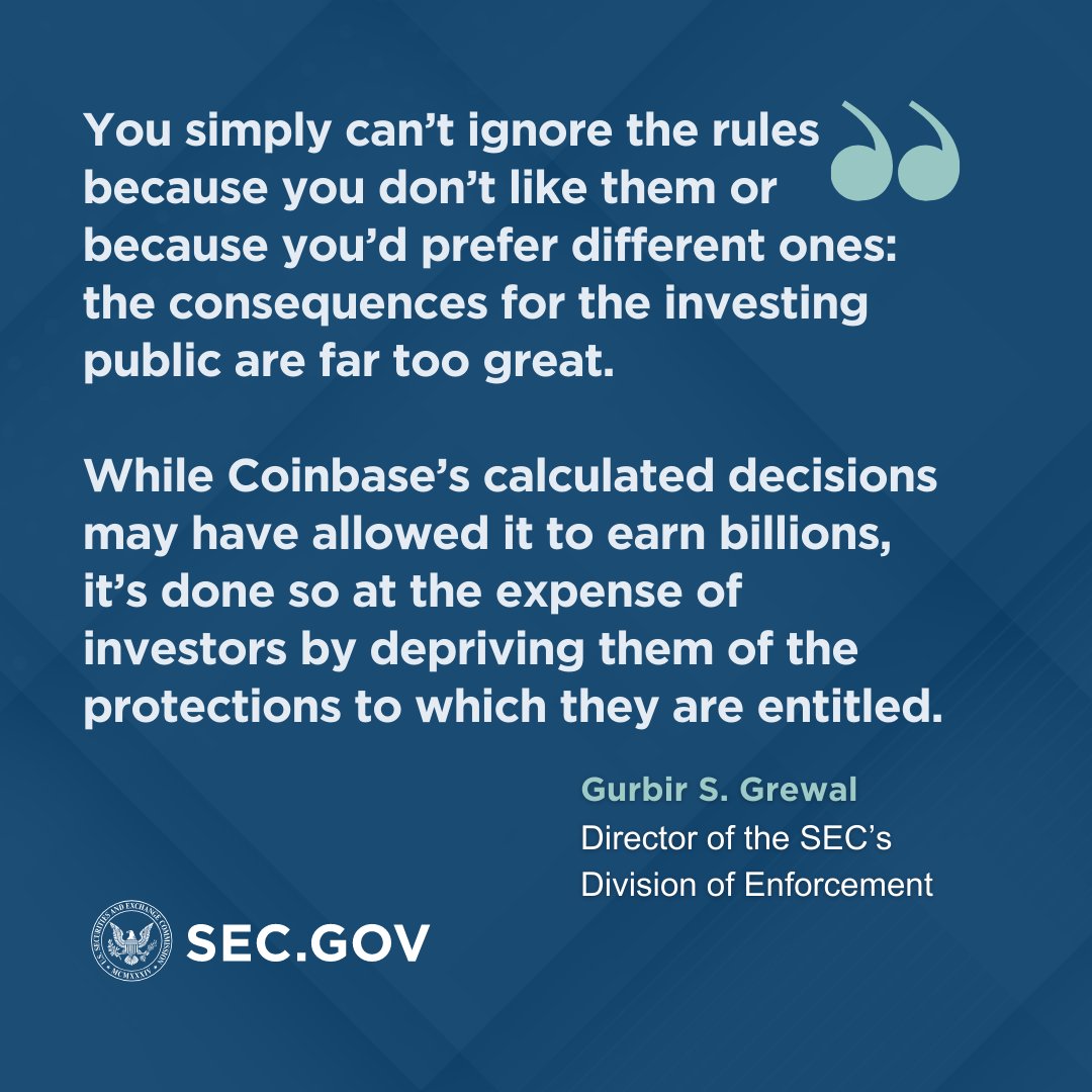 SECGov's tweet image. Today we charged Coinbase, Inc. with operating its crypto asset trading platform as an unregistered national securities exchange, broker, and clearing agency and for failing to register the offer and sale of its crypto asset staking-as-a-service program.

sec.gov/news/press-rel…