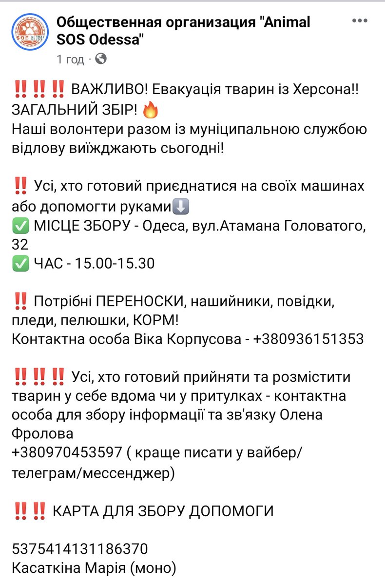 Збір на евакуацію тварин з Херсона

Дублюю номер картки
5375414131186370

Буду вдячна за репост ♥️