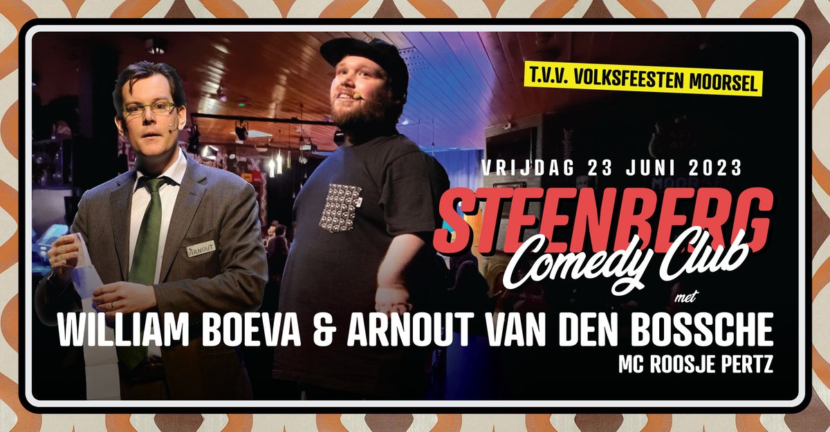 Op vrijdag 23 juni komen <a href="/WilliamBoeva/">William Boeva</a>, Arnout Van den Bossche en MC <a href="/roosjepertz/">Roosje Pertz</a> naar de Steenberg Comedy Club in Tervuren. Wees erbij! 🥳

Grijp je tickets via comedybooking.be/shop 🎟️

#WilliamBoeva #ArnautVandenBossche #RoosjePertz #comedy #ComedyClub #Tervuren