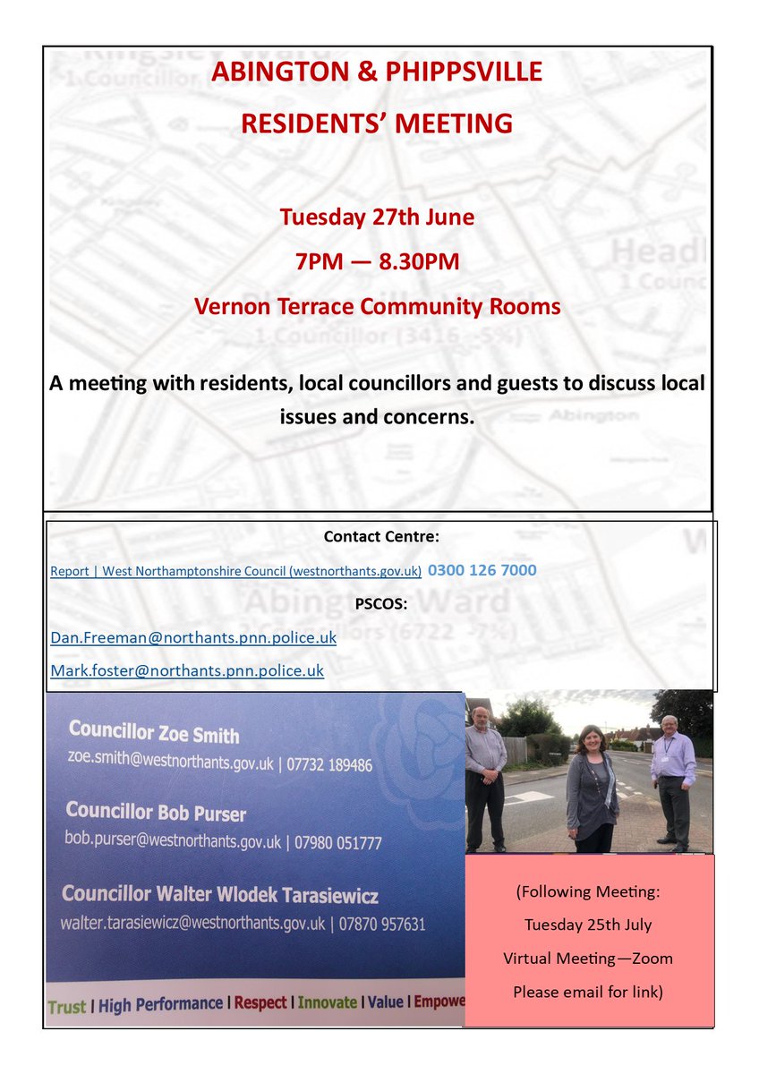 The next Abington &amp; Phippsville residents' meeting will take place on Tuesday 27th June, at 7pm in the Vernon Terrace Community Centre.