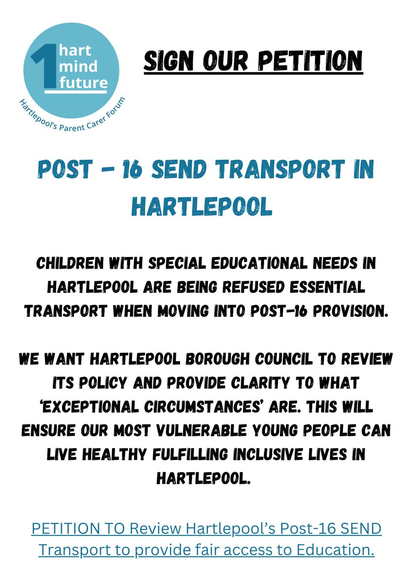 SIGN OUR PETITION!!! Children with Special Educational Needs in Hartlepool are being refused essential transport when moving into Post-16 provision. change.org/p/review-of-ha…