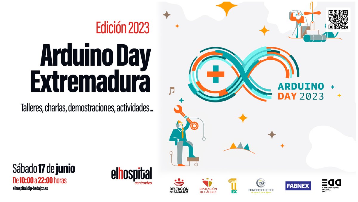FundecytPCTEX's tweet image. Colaboramos un año más con @DipdeBadajoz y @DiputacionCC en #ArduinoDay2023 #Extremadura. 
Una cita imprescindible con la cultura maker y el software y hardware libre, el 17 de junio en @El_Hospital_ #Badajoz. 
Con charlas, demos, talleres, concursos y feria de stands.