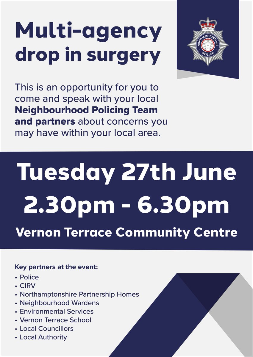 As part of a co-ordinated response to the incident in the Bouverie area on the 19th May, as well as the ongoing issues in the area, there will be a drop-in session on Tuesday 27th June from 2.30pm - 6.30pm, involving Northants Police, council teams, NPH, councillors &amp; others.