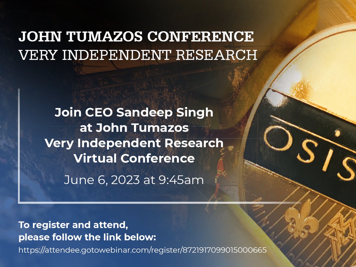 Sandeep Singh, President &amp; CEO of Osisko Gold Royalties will be presenting at John Tumazos' conference this morning at 945am ET. Follow the link below to register.
attendee.gotowebinar.com/register/87219…
#osisko #osiskogoldroyalties #mining #miningnews