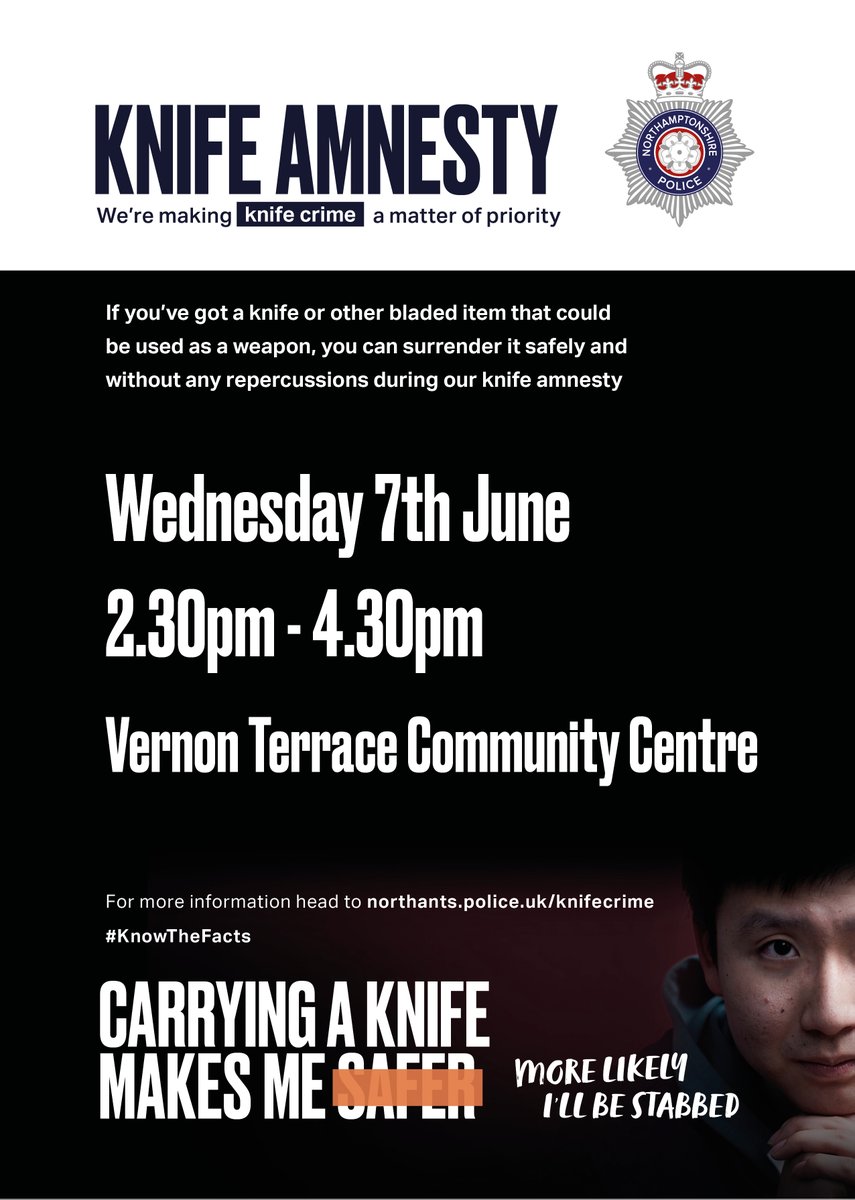 As part of a co-ordinated approach and series of actions to the incident in the Bouverie area on the 19th May, a knife amnesty will be taking place outside the Vernon Terrace Community Centre from 2.30pm to 4.30pm.
