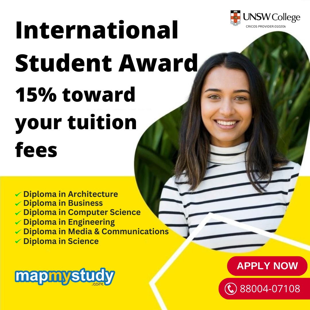 Avail Lucrative International Student Award with 15% towards your tuition fees on your UNSW Diploma for every year of your program!
Talk to our expert counsellors at 8800407108.
#MapMyStudy