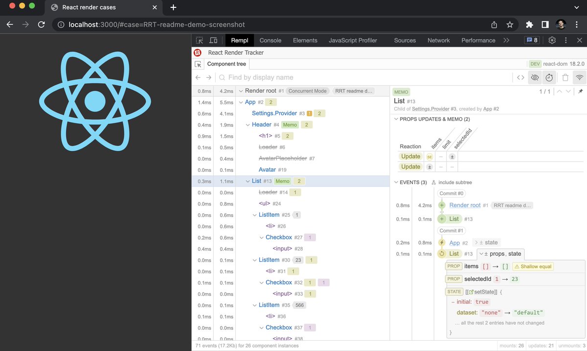 rdvornov's tweet photo. ⚛️ React Render Tracker 0.7.1 🚀

Selecting a component on the page &amp; highlighting on hover in component's tree (kudos to @DenisKolesnikov), ancestors section, basic support for production &amp; profiling React builds and more

Release notes: https://t.co/fVs1QwSiSN https://t.co/ypIYOyLAog