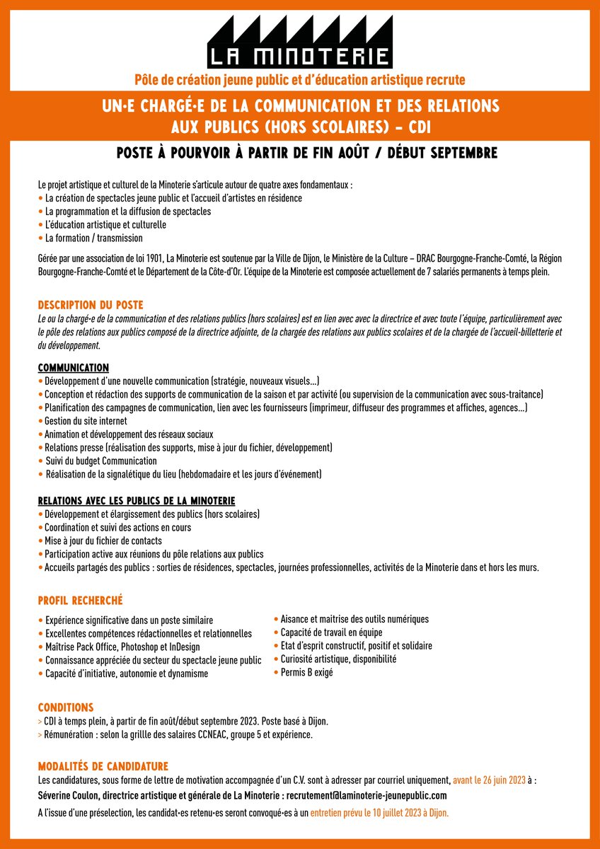 La Minoterie recrute un·e chargé·e de la communication et des relations aux publics (hors scolaires) en CDI.

#laminoterie #scene #art #enfance #jeunesse #dijon