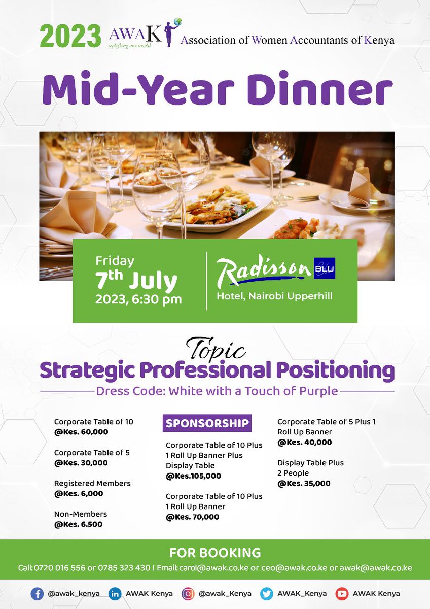 Coming up!
Mid Year Dinner

Registration Link
awak.co.ke/midyeardinner

#awakupliftingourworld #networking #leadershipdevelopment #dinner 
#membership #leadership #CPA #accountants  #womeninleadership #womenonboards  #CSuiteNetwork #LeadershipTrainingProgram