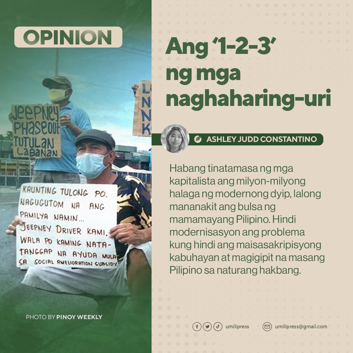 umilipress's tweet photo. OPINION | Ang 1-2-3 ng mga naghaharing-uri
By Ashley Judd Constantino

Habang tinatamasa ng mga kapitalista ang milyon-milyong halaga ng modernong dyip, lalong mananakit ang bulsa ng mamamayang Pilipino. [1/2] https://t.co/RH66WmjOAn