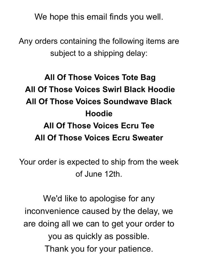 If you have ordered any of these #AllOfThoseVoices merch items, Louis' team sent an email stating that shipments will start from June 12th onwards, so there may be some delays!