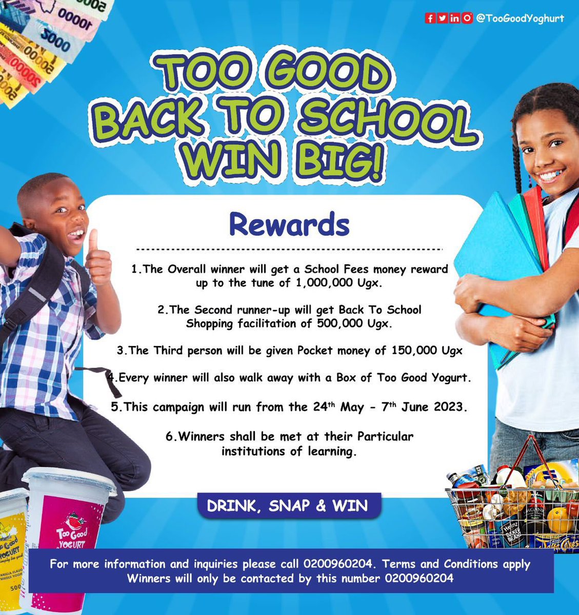 KiisFMUg's tweet photo. Back to school season is upon here! And @TooGoodYogurt_ is giving out free goodies. From school fees, shopping vouchers to pocket 💰 

Simply DRINK, SNAP and WIN!

#TooGoodYoghurt https://t.co/vcYq1JwGKx